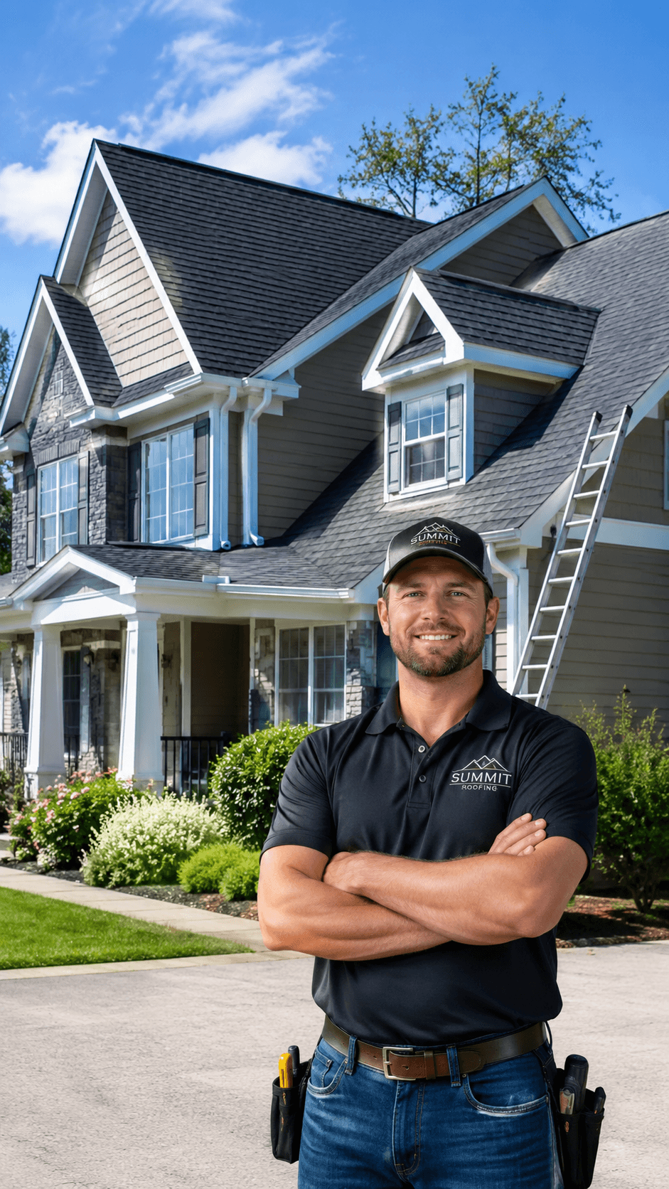 Confident roofing contractor standing in front of a finished home