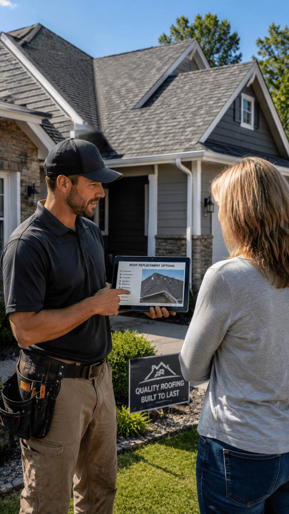 Contractor reviewing roof replacement options with a homeowner