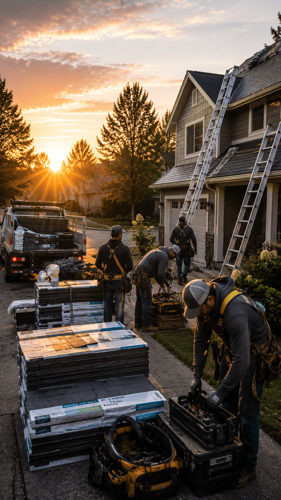 Roofing crew staging materials at sunrise before a job