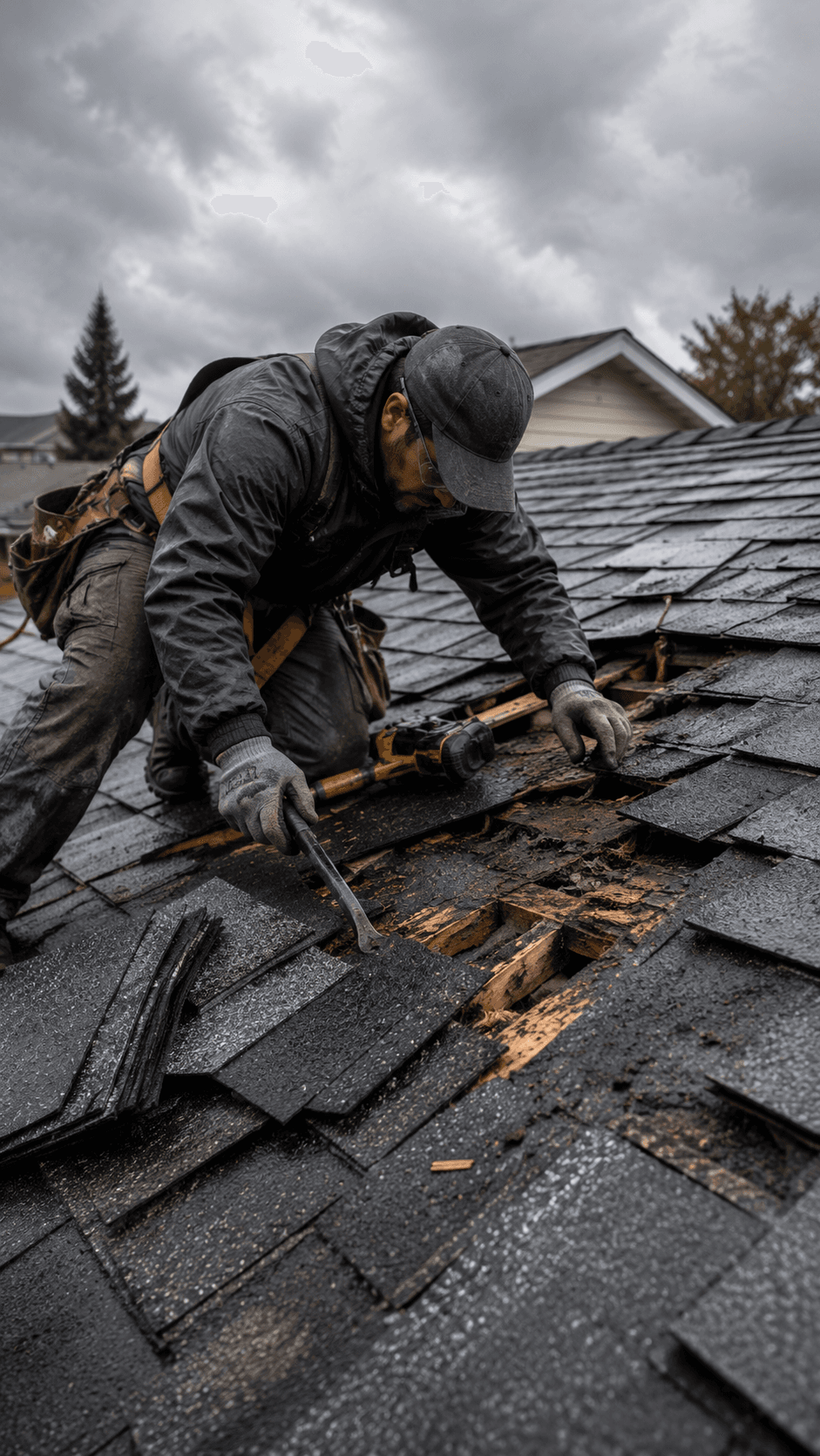 Roofer lifting damaged shingles to reveal deterioration underneath