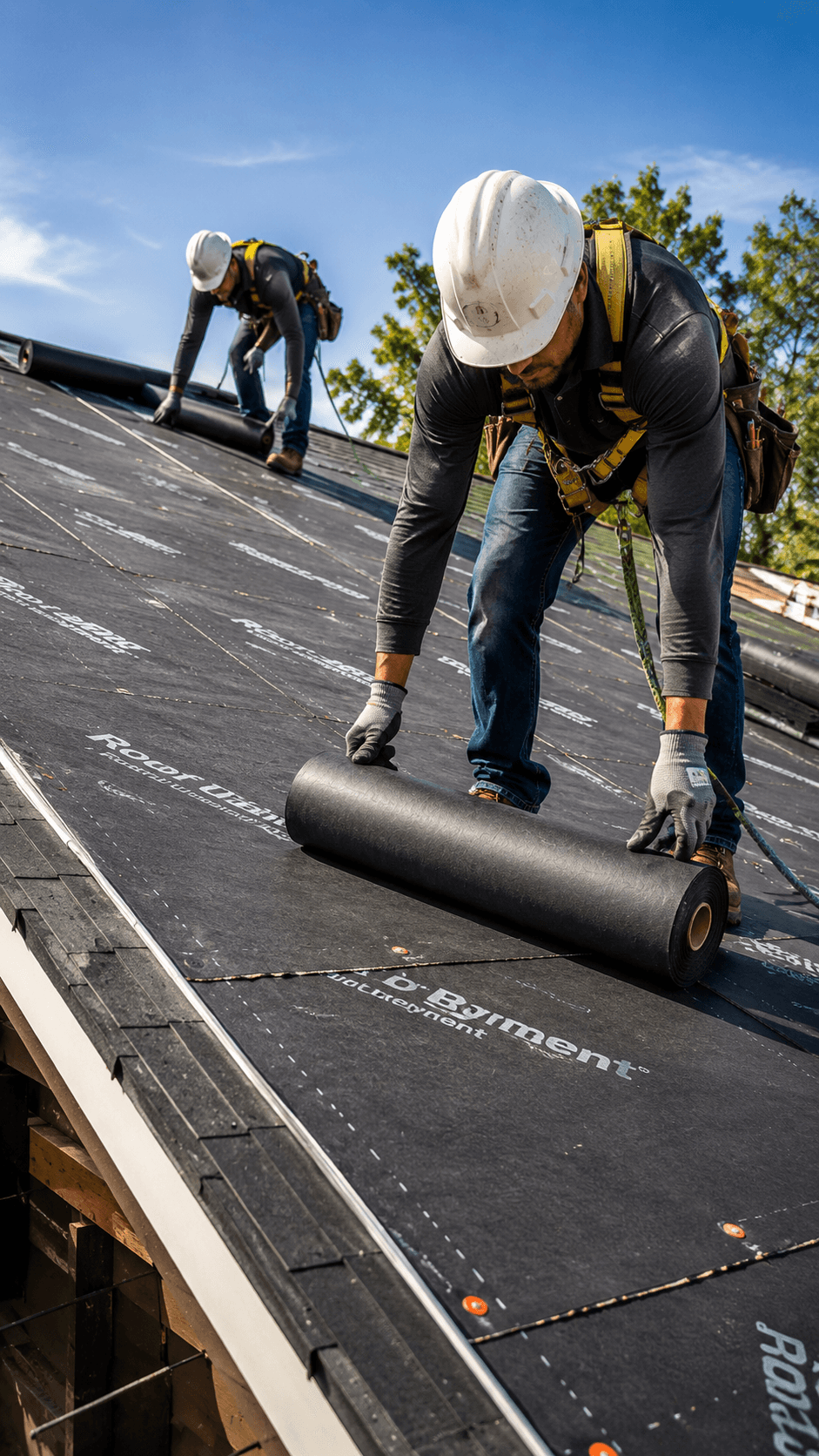 Roofer rolling out synthetic underlayment across a roof deck