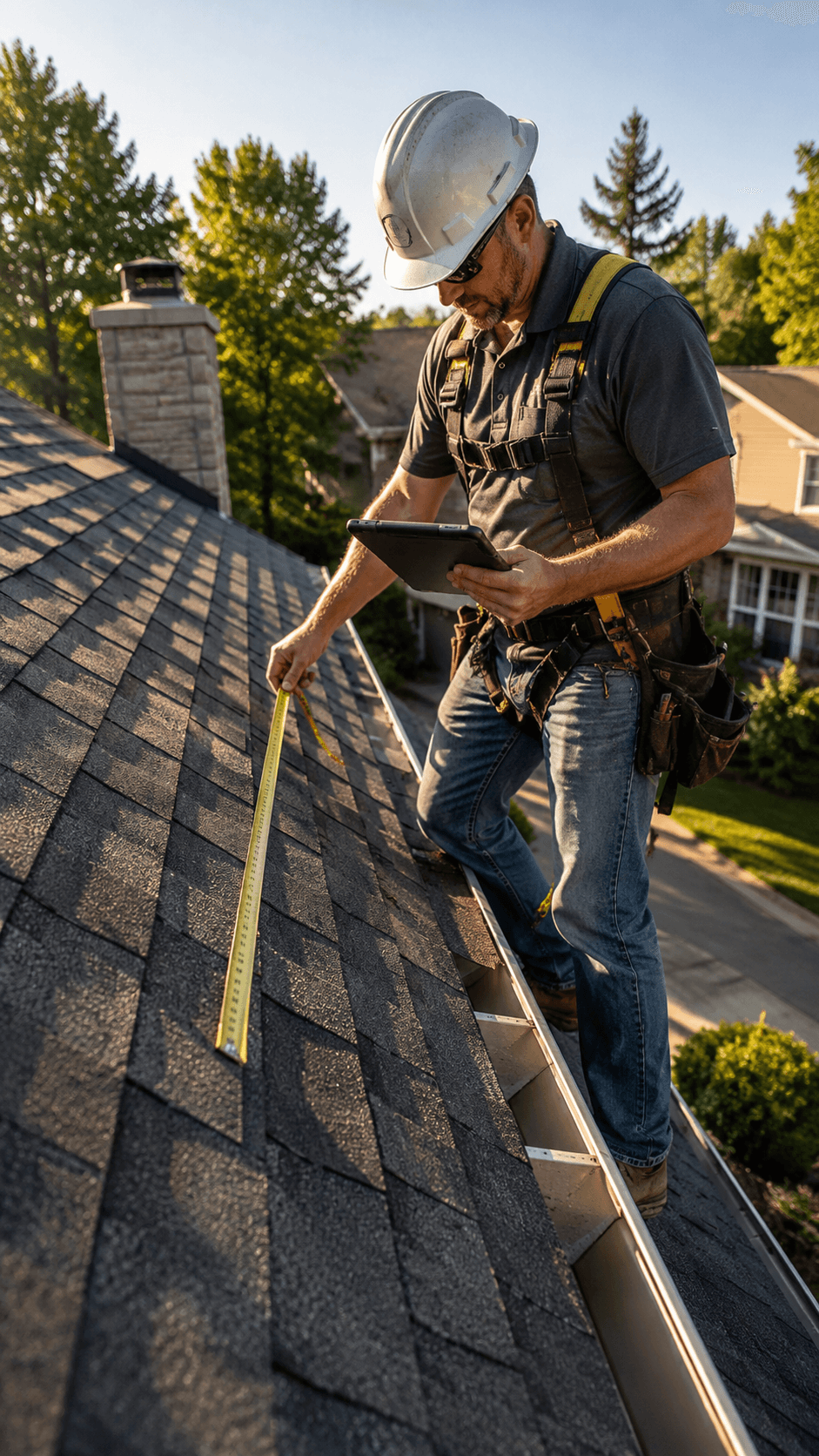 Inspector on a roof using a tablet and tape measure to document roof condition