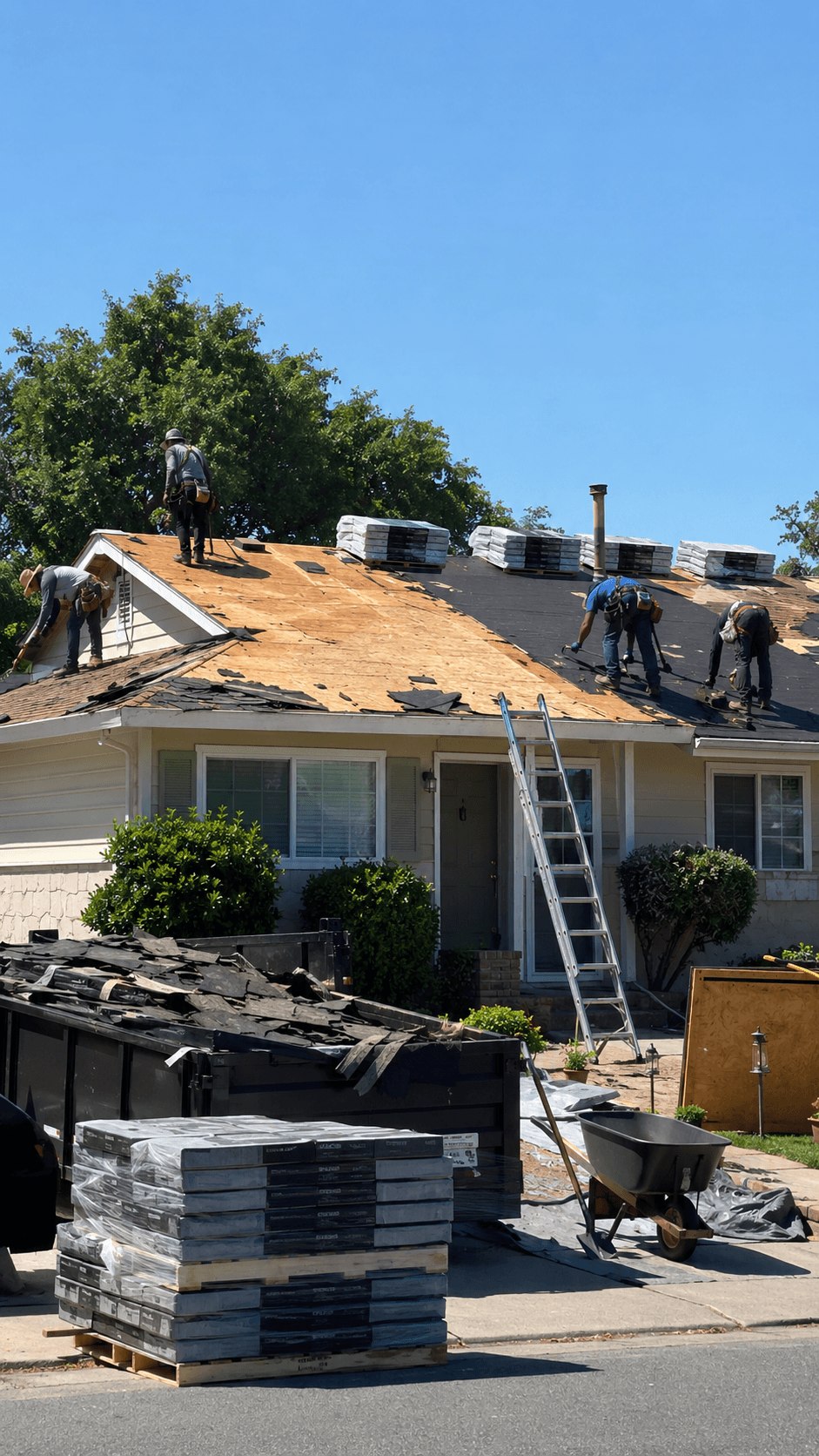 Tear-off in progress exposing the bare roof deck beneath the shingles