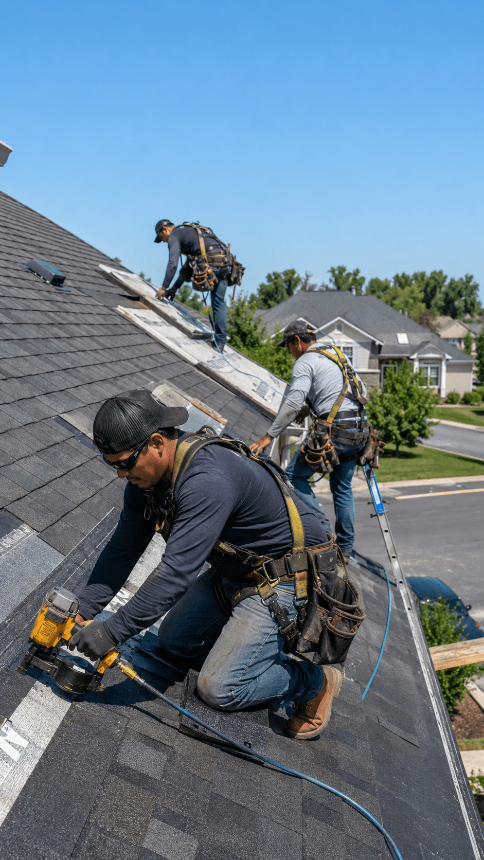Roofers nailing down new architectural shingles on a sunny day