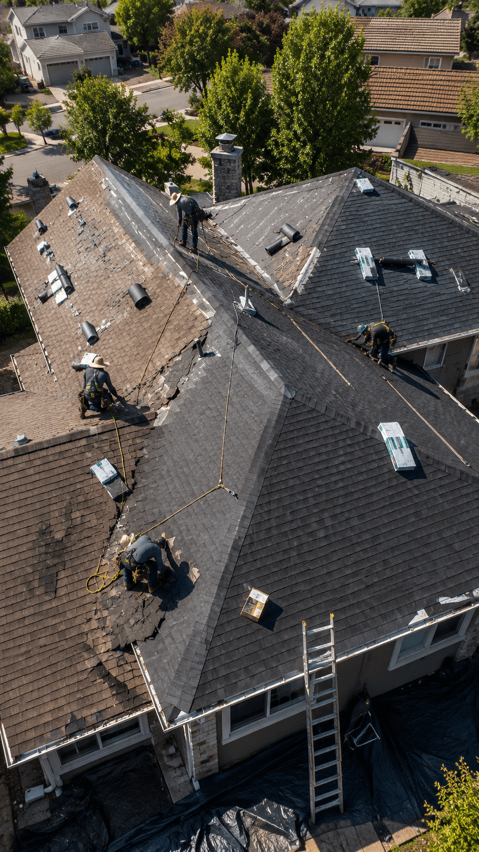 Aerial view of a roof replacement in progress showing ridge and shingle field